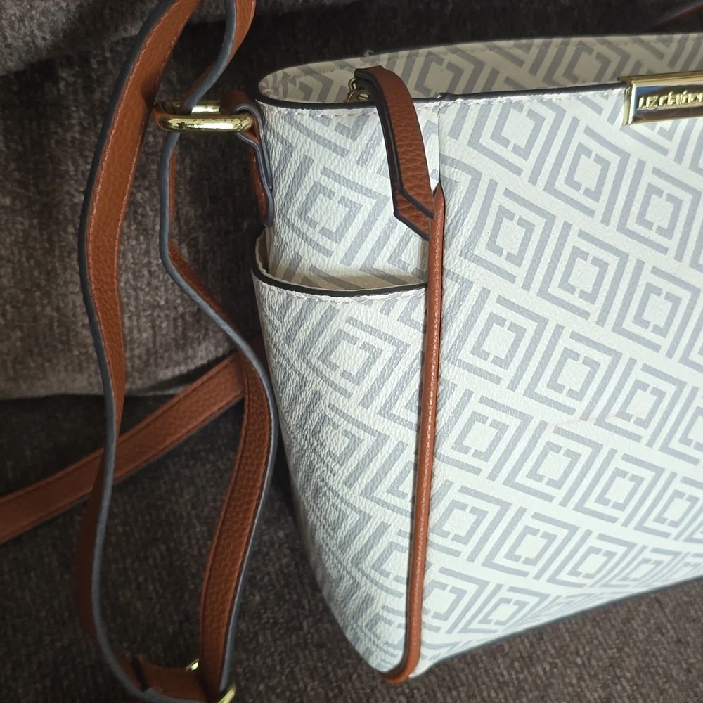 Light Gray Patterned Tote with Brown Trim - Unknown Brand